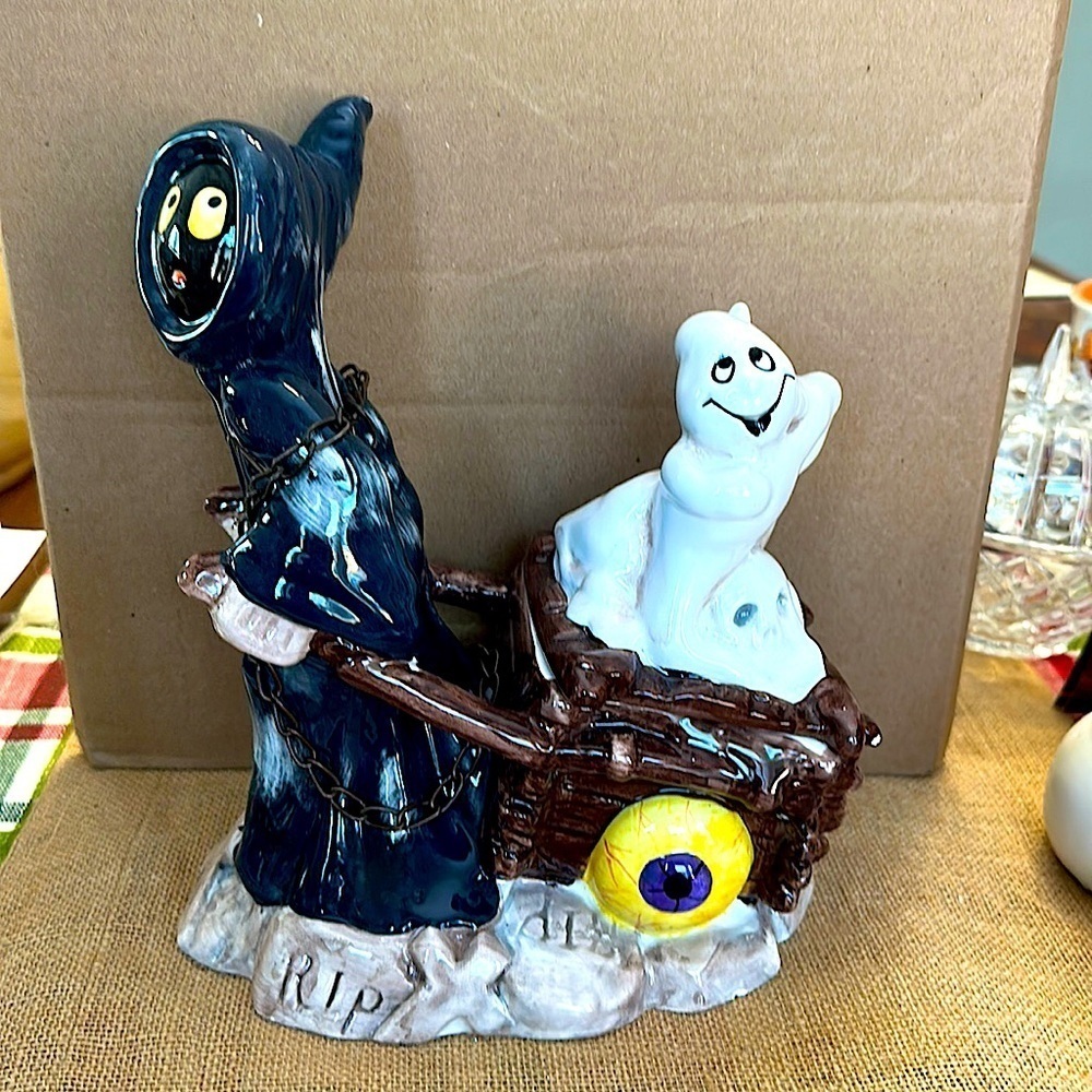 Grim Reaper Ghost Wagon RIP Halloween Decoration Figurine
